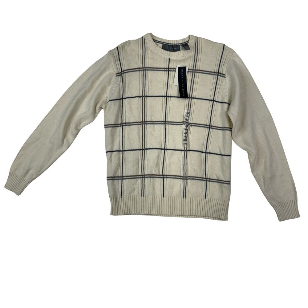 NWT Oscar de la Renta Men's Cream Grid Check Sweater 100% Cotton L Dad Core Y2K